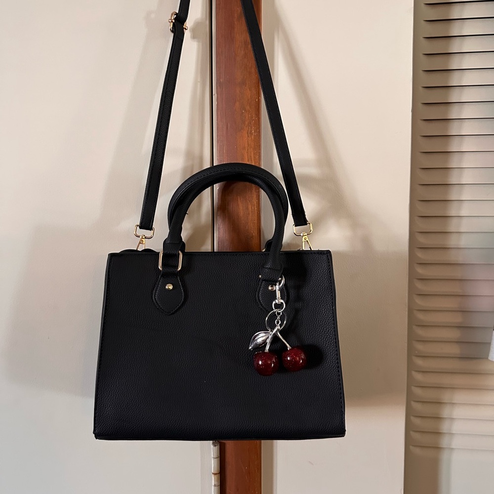 Elegant Black Handbag with Cherry Charm-Vegan Leather - Picture 6 of 10